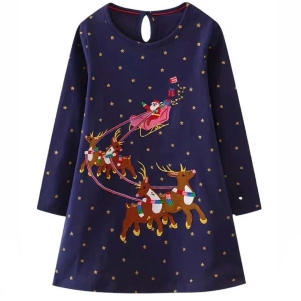 🆕 Navy blue embroidered Christmas Santa Claus reindeer long sleeve star …